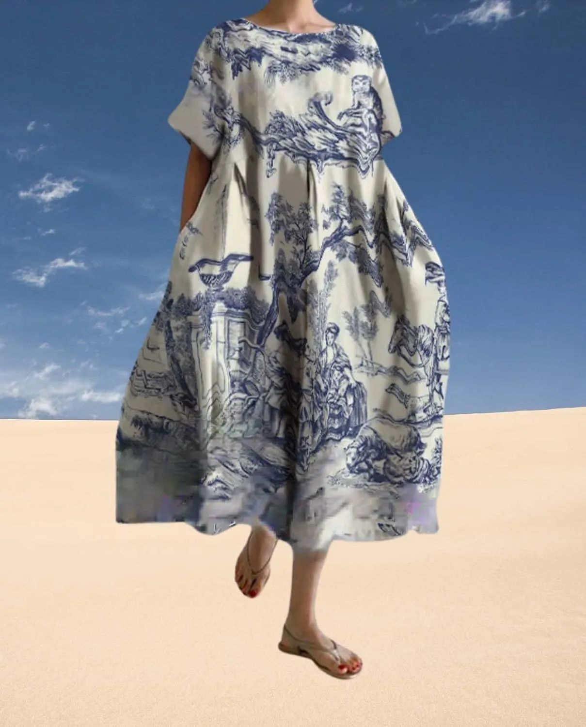 Plus Size Boho Dress for Women 2024 Summer Trendy Cotton Flowy Dress Baggy Floral Maxi Dress with Pockets S-3XL