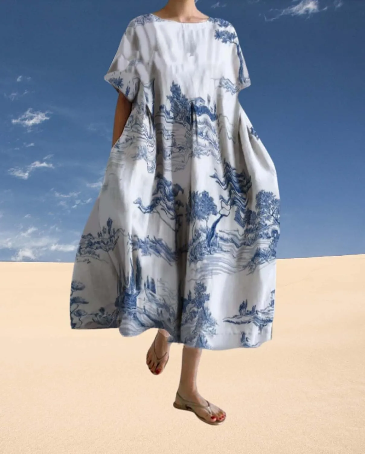 Plus Size Boho Dress for Women 2024 Summer Trendy Cotton Flowy Dress Baggy Floral Maxi Dress with Pockets S-3XL