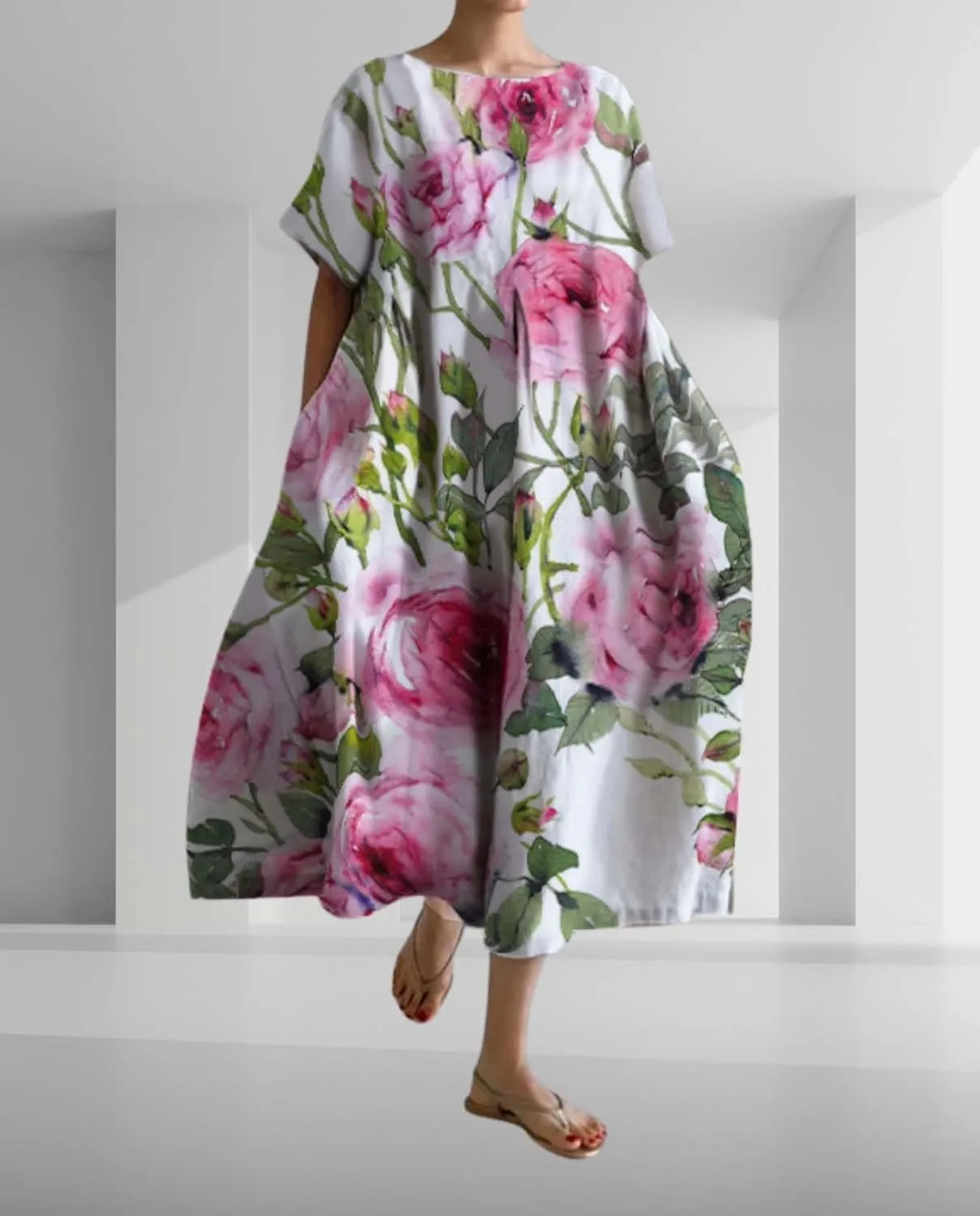 Plus Size Boho Dress for Women 2024 Summer Trendy Cotton Flowy Dress Baggy Floral Maxi Dress with Pockets S-3XL