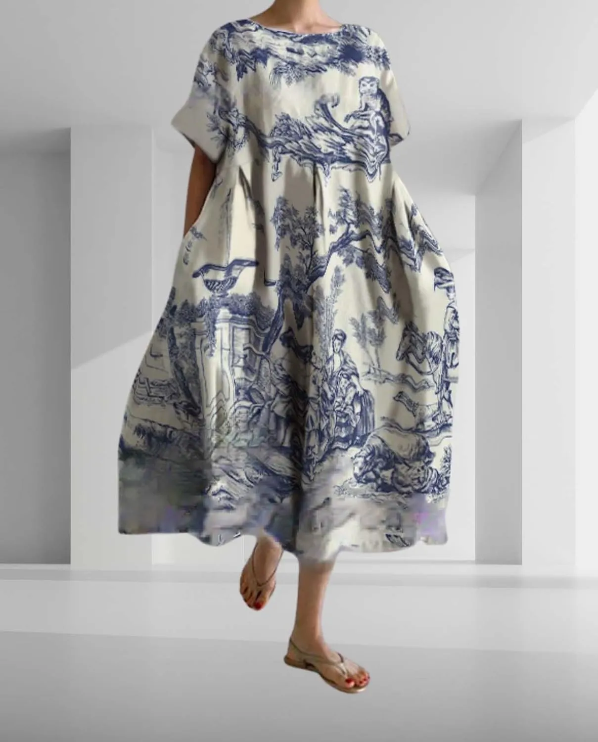Plus Size Boho Dress for Women 2024 Summer Trendy Cotton Flowy Dress Baggy Floral Maxi Dress with Pockets S-3XL