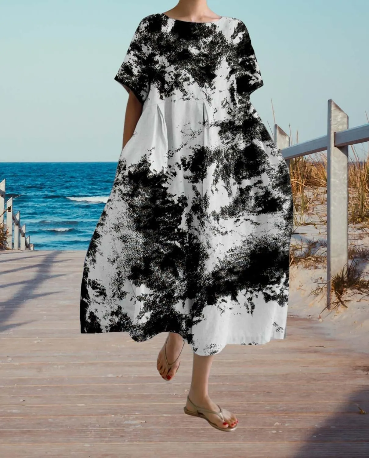 Plus Size Boho Dress for Women 2024 Summer Trendy Cotton Flowy Dress Baggy Floral Maxi Dress with Pockets S-3XL