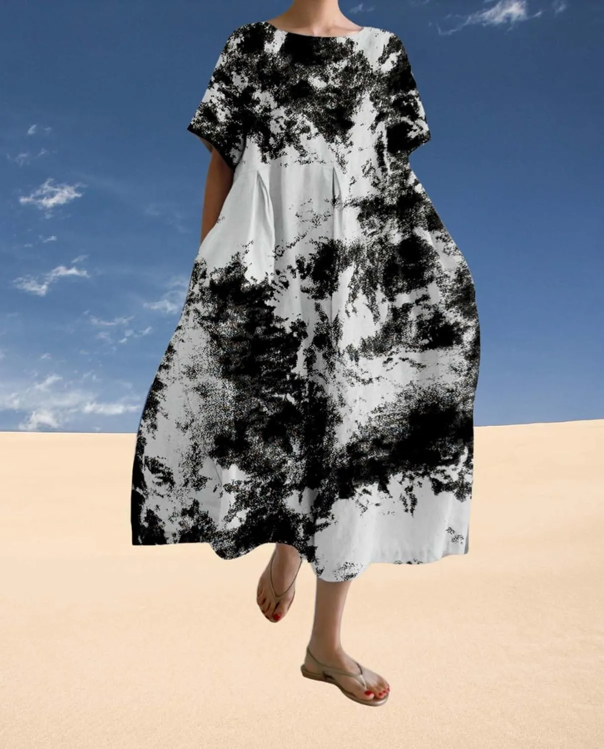 Plus Size Boho Dress for Women 2024 Summer Trendy Cotton Flowy Dress Baggy Floral Maxi Dress with Pockets S-3XL