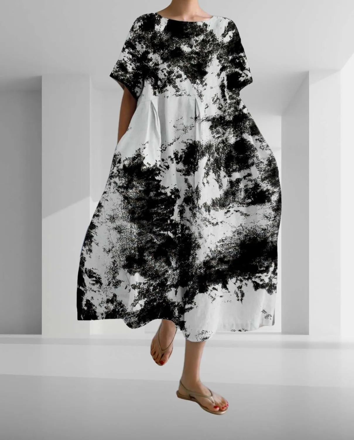 Plus Size Boho Dress for Women 2024 Summer Trendy Cotton Flowy Dress Baggy Floral Maxi Dress with Pockets S-3XL
