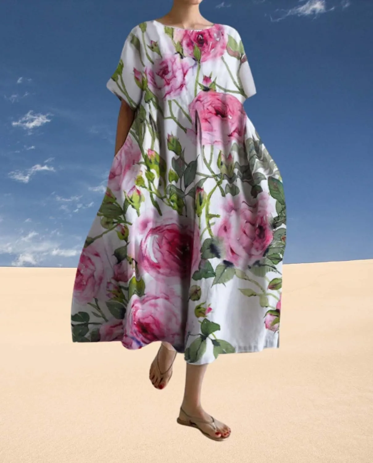 Plus Size Boho Dress for Women 2024 Summer Trendy Cotton Flowy Dress Baggy Floral Maxi Dress with Pockets S-3XL