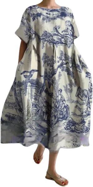 Plus Size Boho Dress for Women 2024 Summer Trendy Cotton Flowy Dress Baggy Floral Maxi Dress with Pockets S-3XL