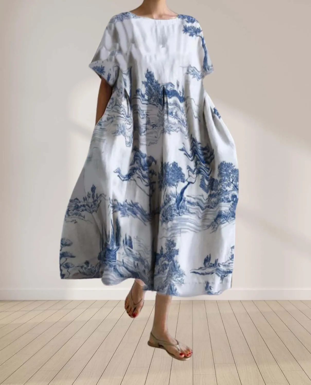 Plus Size Boho Dress for Women 2024 Summer Trendy Cotton Flowy Dress Baggy Floral Maxi Dress with Pockets S-3XL