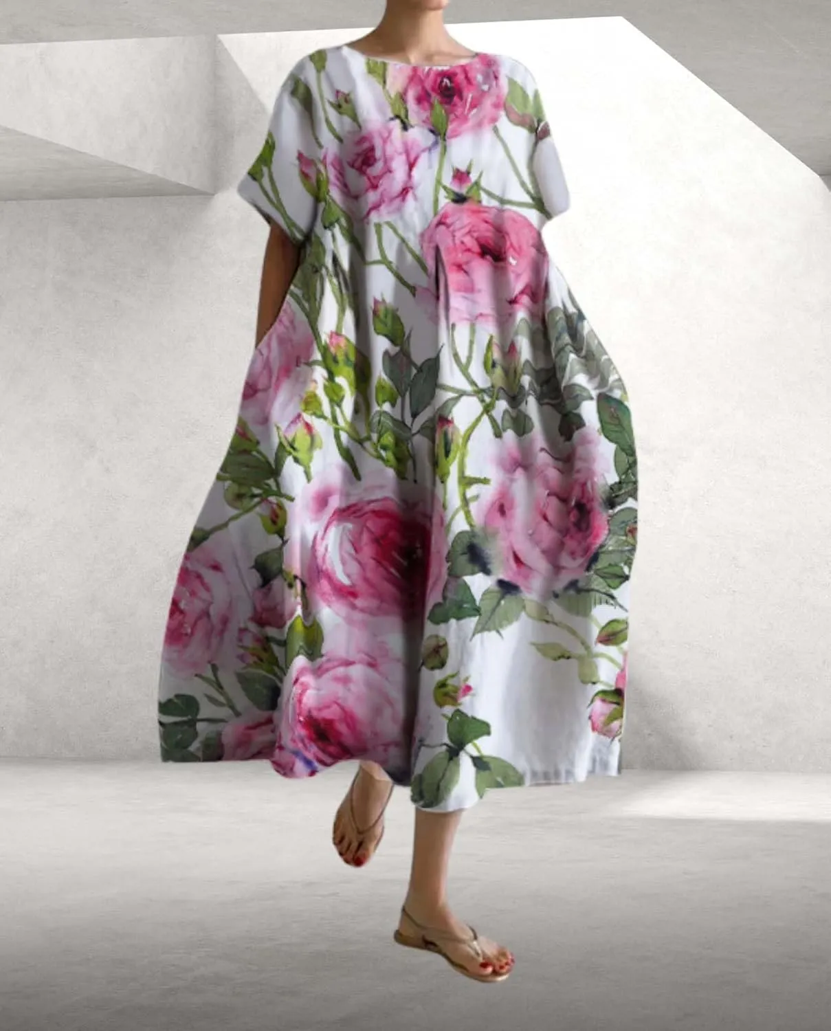 Plus Size Boho Dress for Women 2024 Summer Trendy Cotton Flowy Dress Baggy Floral Maxi Dress with Pockets S-3XL