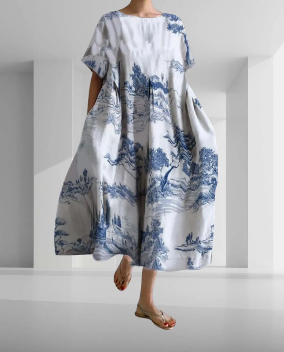 Plus Size Boho Dress for Women 2024 Summer Trendy Cotton Flowy Dress Baggy Floral Maxi Dress with Pockets S-3XL