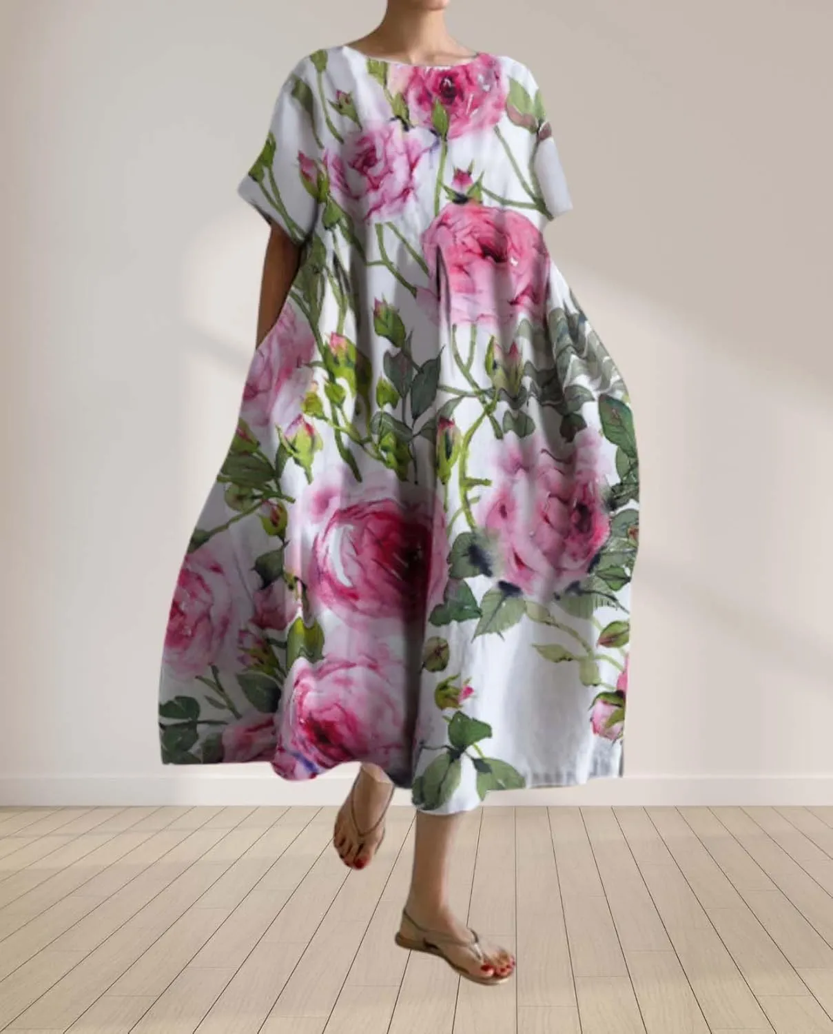 Plus Size Boho Dress for Women 2024 Summer Trendy Cotton Flowy Dress Baggy Floral Maxi Dress with Pockets S-3XL