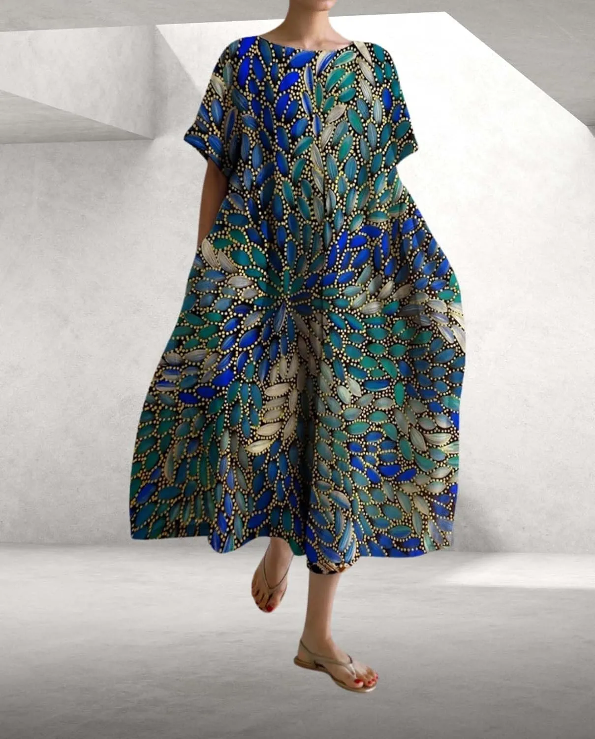 Plus Size Boho Dress for Women 2024 Summer Trendy Cotton Flowy Dress Baggy Floral Maxi Dress with Pockets S-3XL