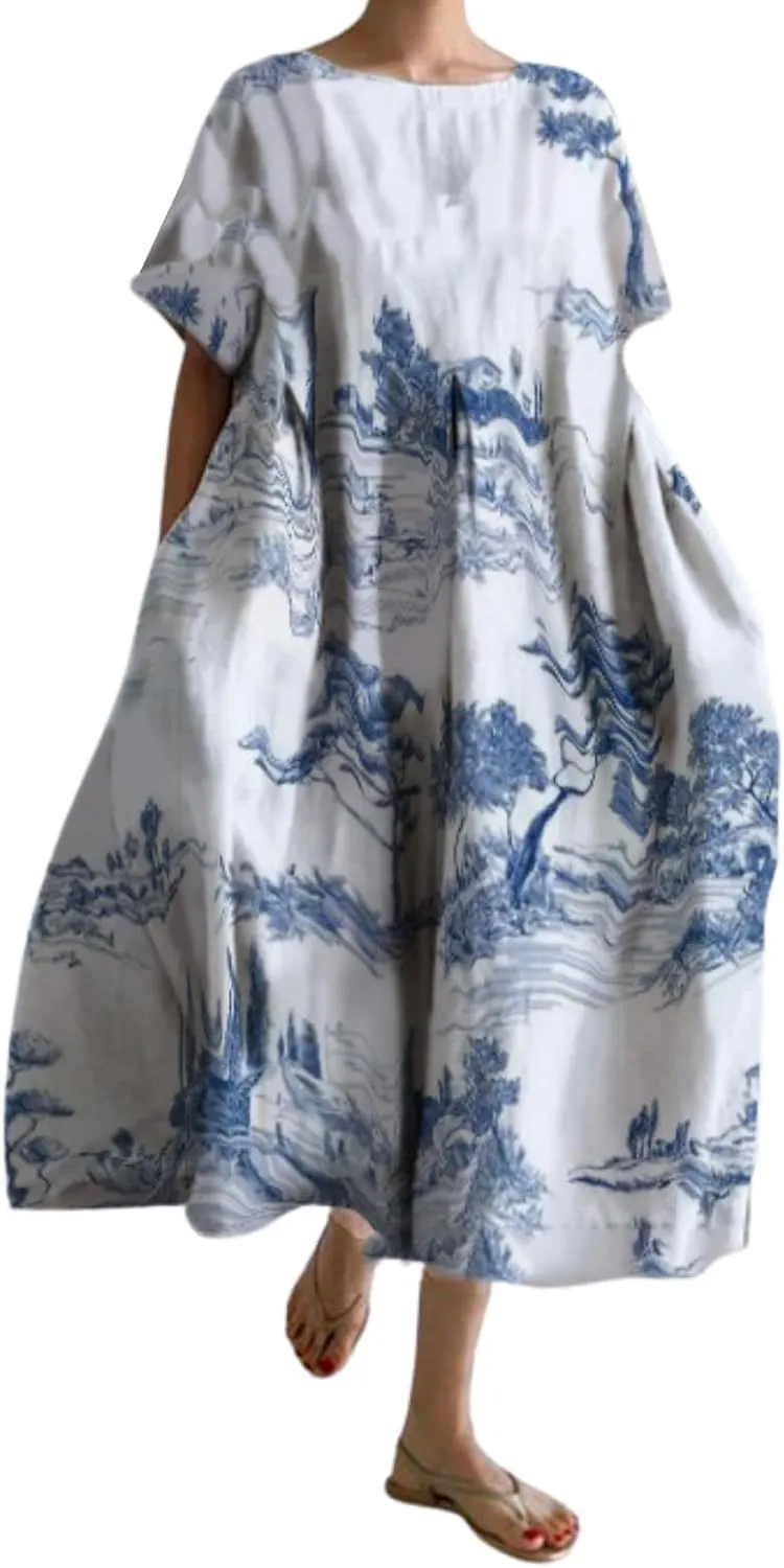 Plus Size Boho Dress for Women 2024 Summer Trendy Cotton Flowy Dress Baggy Floral Maxi Dress with Pockets S-3XL