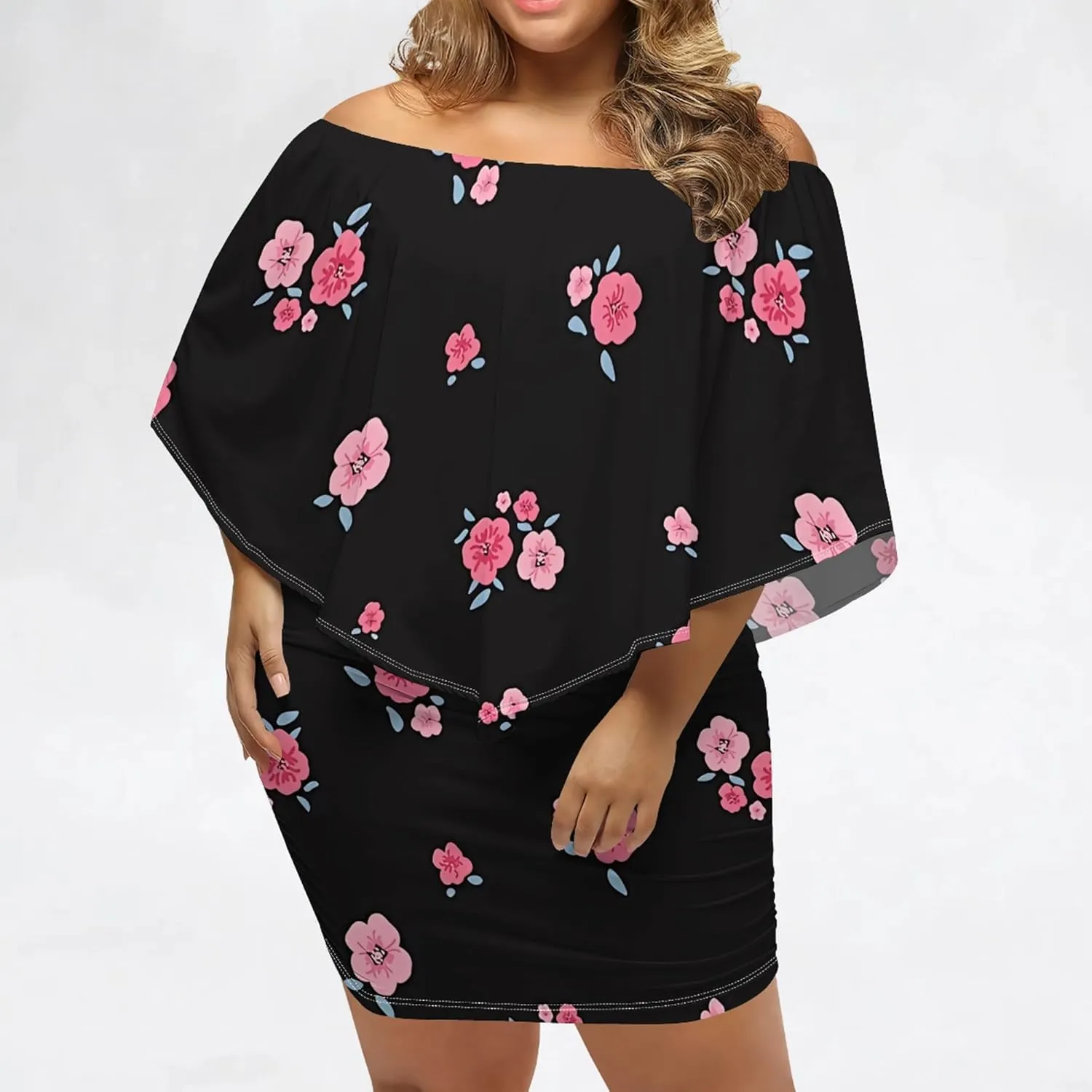 Plus Size Dresses for Curvy Women Off The Shoulder Bodycon Ruffles Multiple Dressing Layered Wedding Guest Party Mini Dress
