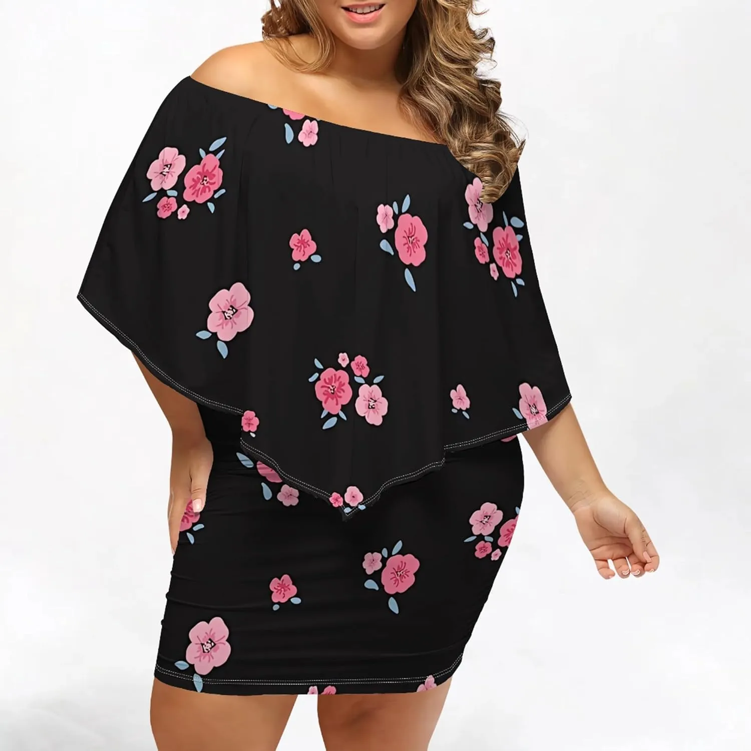 Plus Size Dresses for Curvy Women Off The Shoulder Bodycon Ruffles Multiple Dressing Layered Wedding Guest Party Mini Dress
