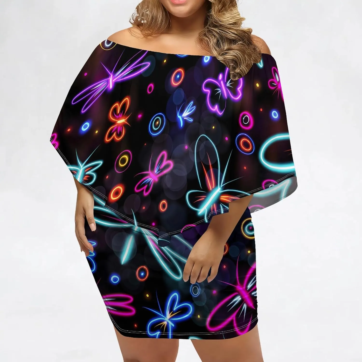 Plus Size Dresses for Curvy Women Off The Shoulder Bodycon Ruffles Multiple Dressing Layered Wedding Guest Party Mini Dress