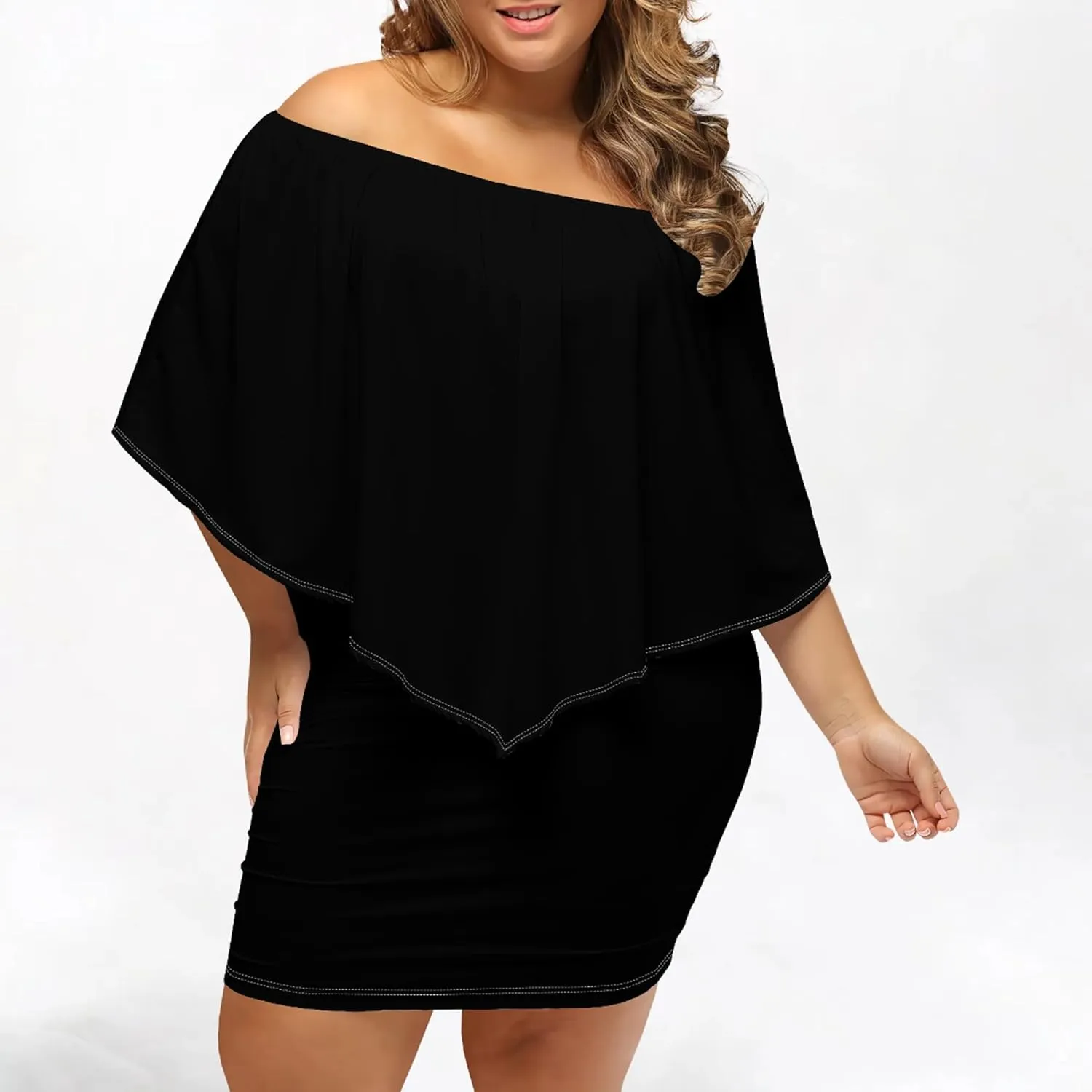 Plus Size Dresses for Curvy Women Off The Shoulder Bodycon Ruffles Multiple Dressing Layered Wedding Guest Party Mini Dress
