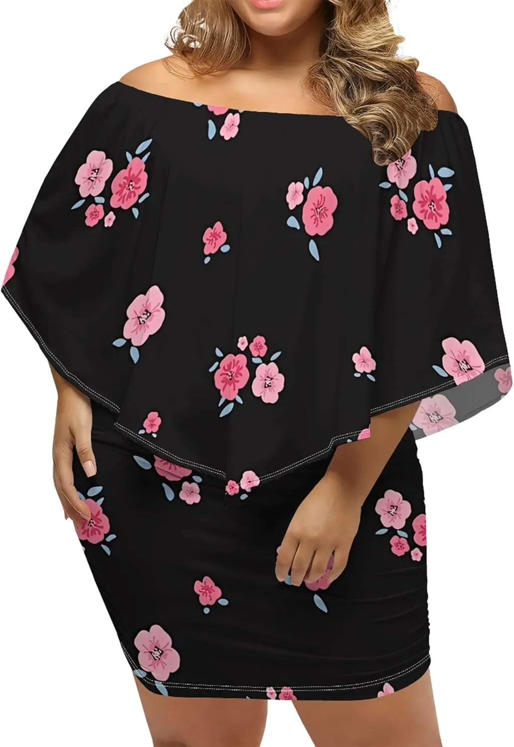 Plus Size Dresses for Curvy Women Off The Shoulder Bodycon Ruffles Multiple Dressing Layered Wedding Guest Party Mini Dress
