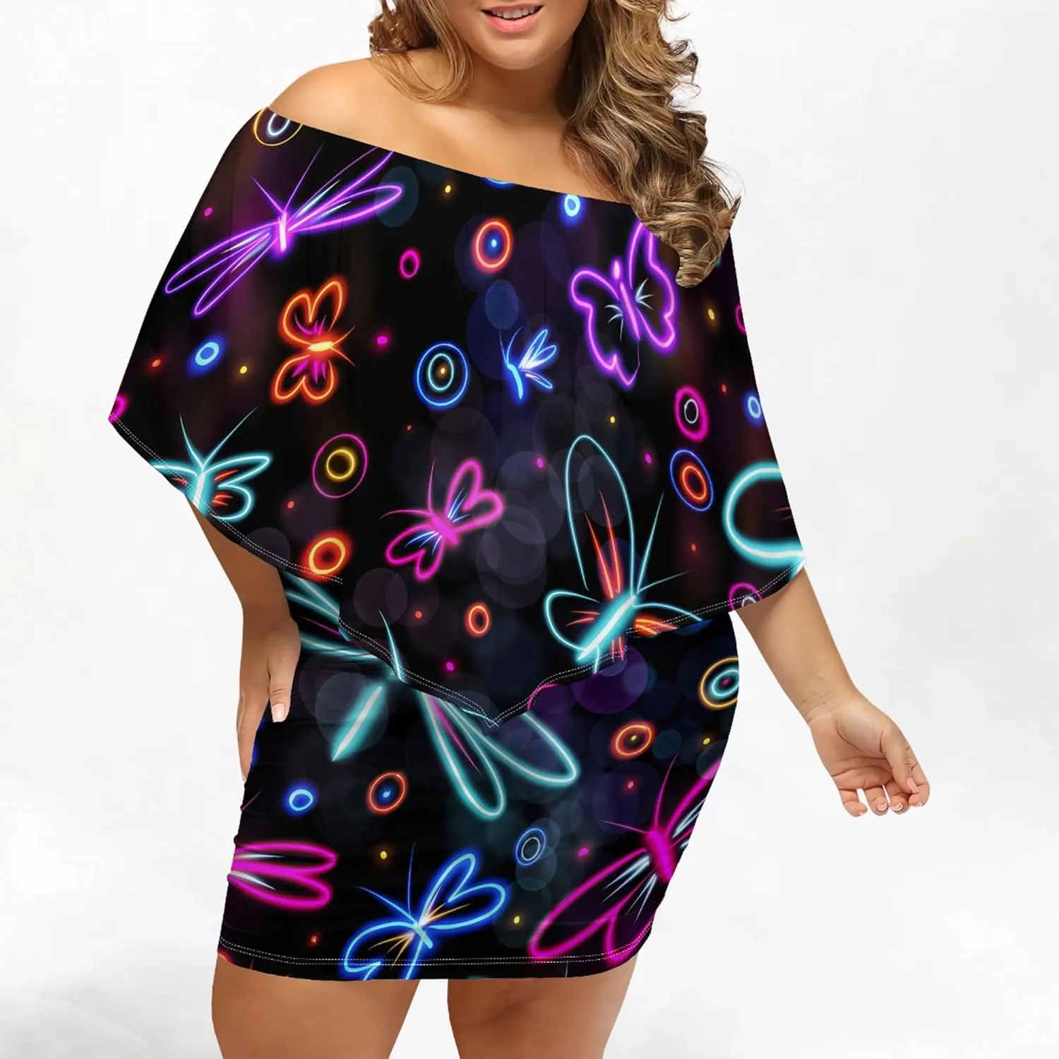 Plus Size Dresses for Curvy Women Off The Shoulder Bodycon Ruffles Multiple Dressing Layered Wedding Guest Party Mini Dress