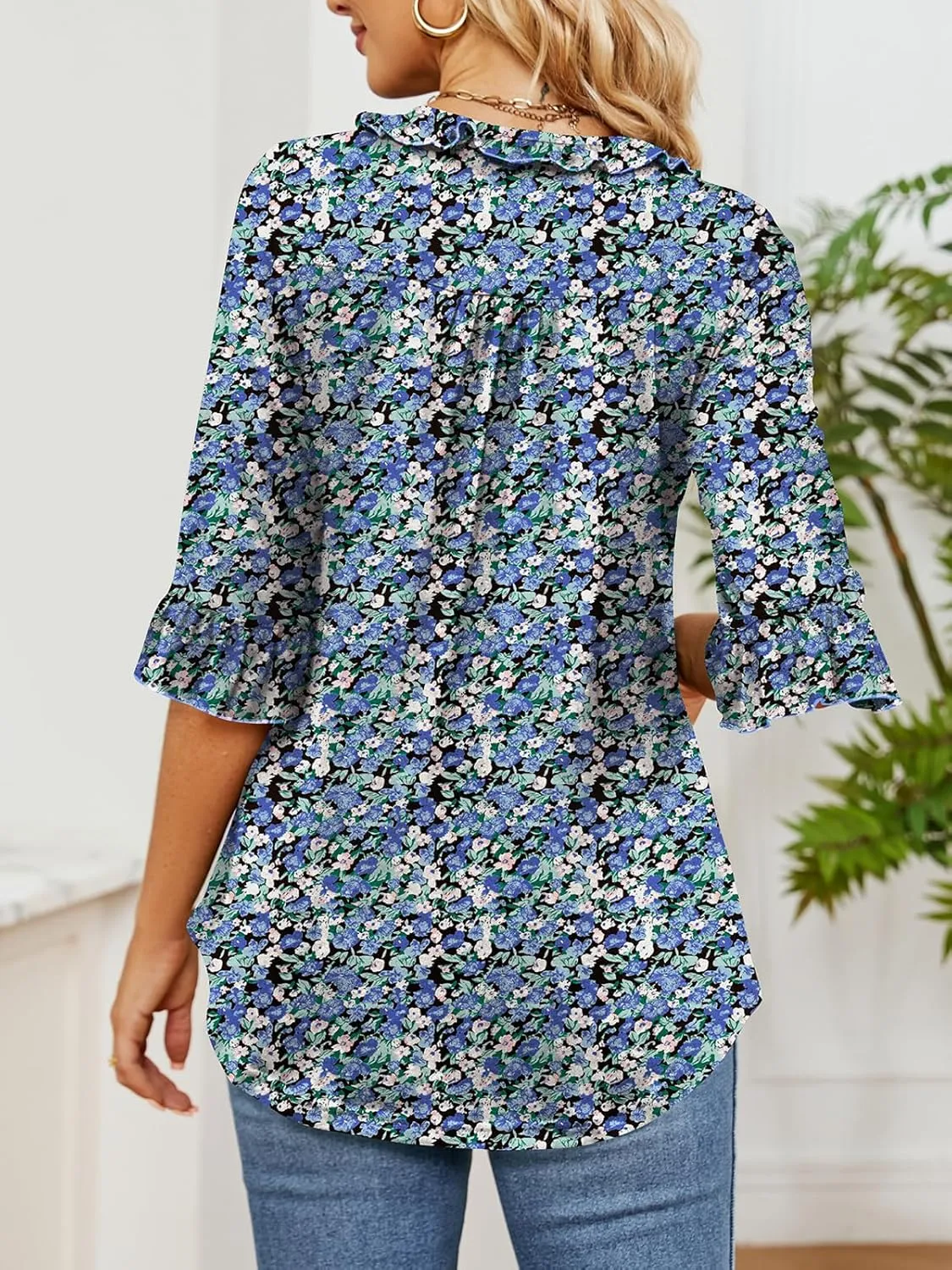 Poetsky Women's 3/4 Sleeve Tops Casual V Neck Shirts Loose Ruffle Tunic Blouses