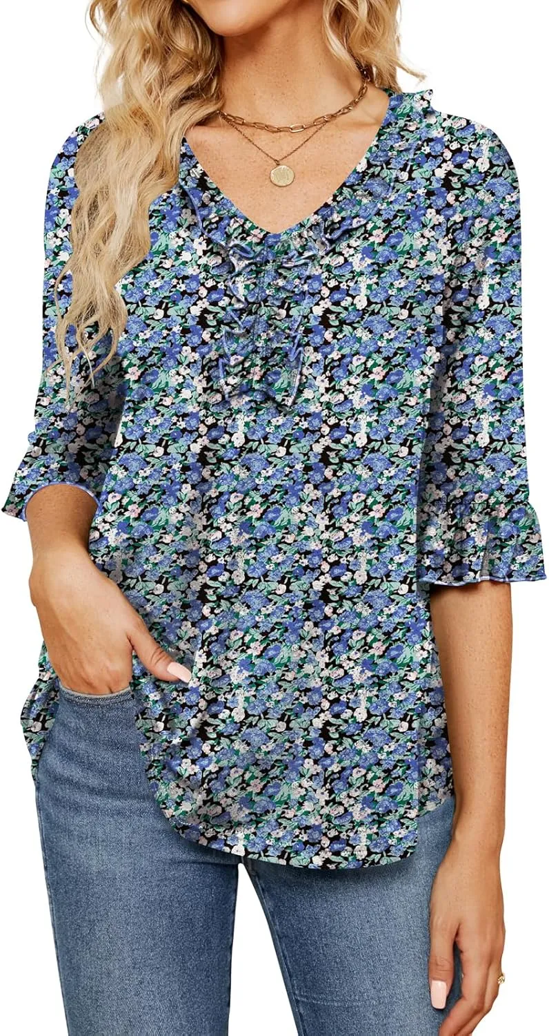 Poetsky Women's 3/4 Sleeve Tops Casual V Neck Shirts Loose Ruffle Tunic Blouses