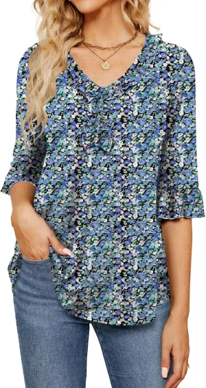 Poetsky Women's 3/4 Sleeve Tops Casual V Neck Shirts Loose Ruffle Tunic Blouses