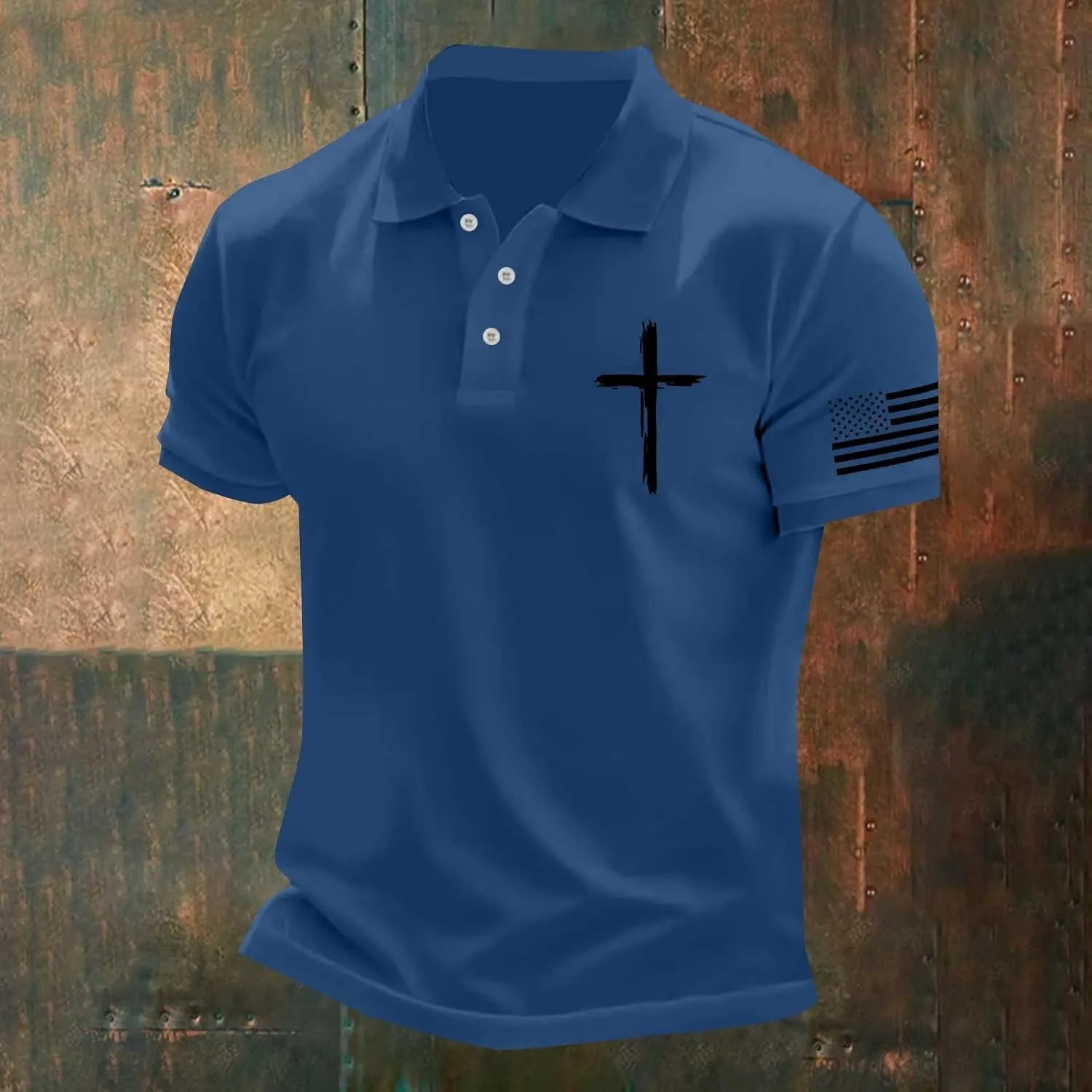 Polo Shirts for Men Christian Cross American Flag Pirnt Golf T-Shirts Summer Short Sleeve Button Down Patriotic Tops
