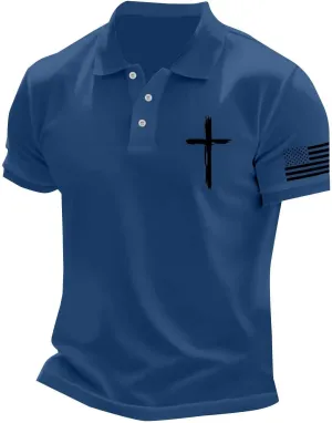 Polo Shirts for Men Christian Cross American Flag Pirnt Golf T-Shirts Summer Short Sleeve Button Down Patriotic Tops
