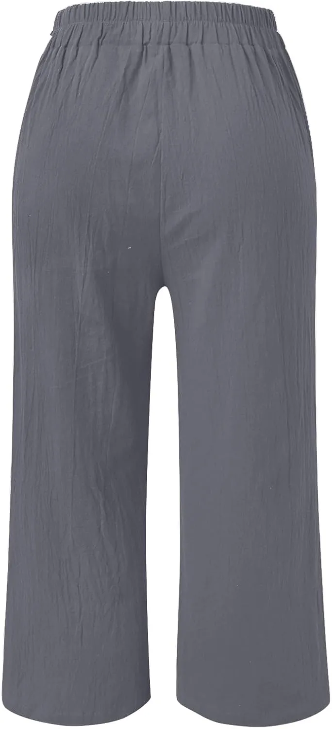 PTOLOCIF Linen Beach Pants Women,Cotton Linen Palazzo Pants Drawstring Elastic Waist Beach Pants Wide Leg Dress Pants