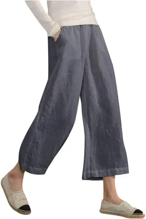 PTOLOCIF Linen Beach Pants Women,Cotton Linen Palazzo Pants Drawstring Elastic Waist Beach Pants Wide Leg Dress Pants
