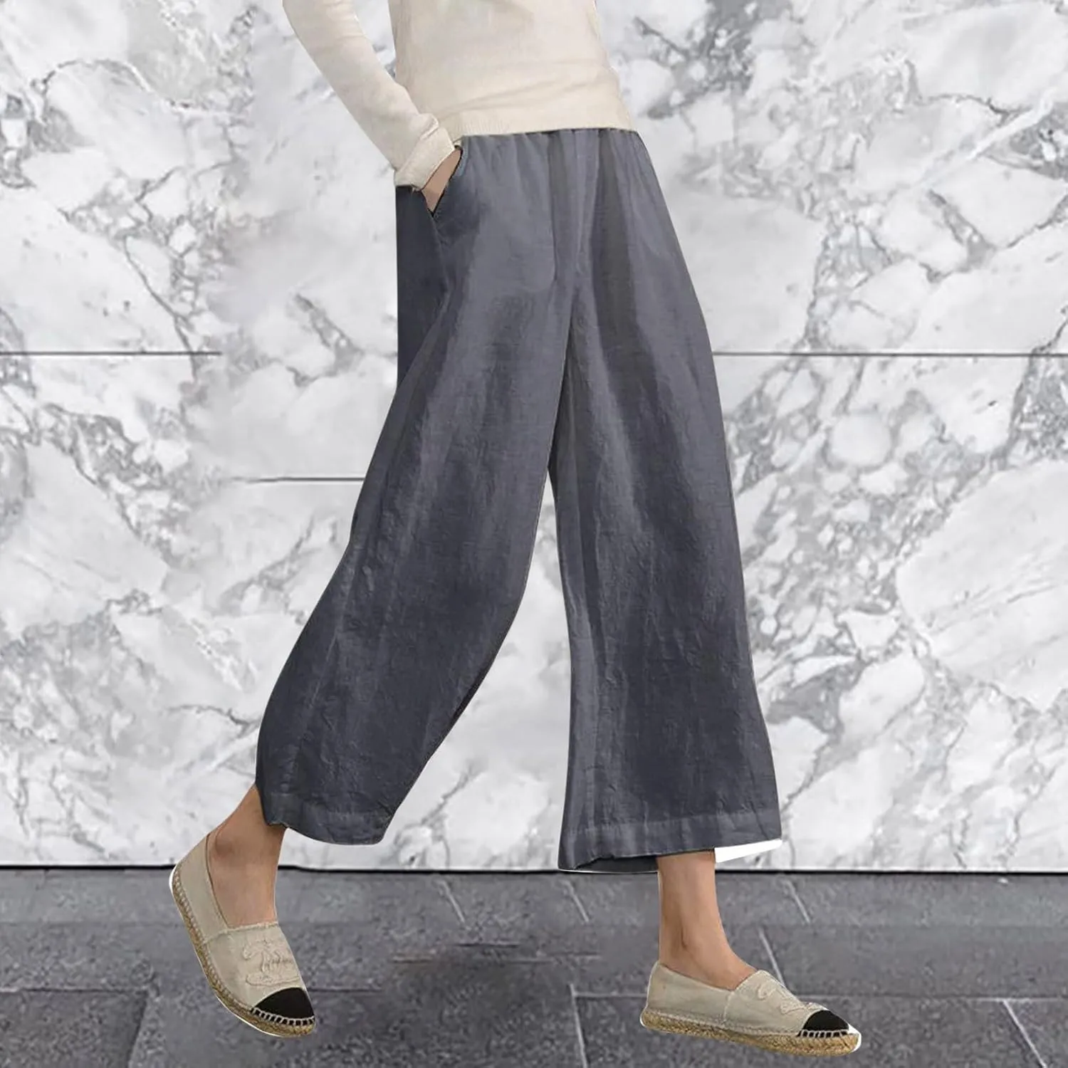 PTOLOCIF Linen Beach Pants Women,Cotton Linen Palazzo Pants Drawstring Elastic Waist Beach Pants Wide Leg Dress Pants