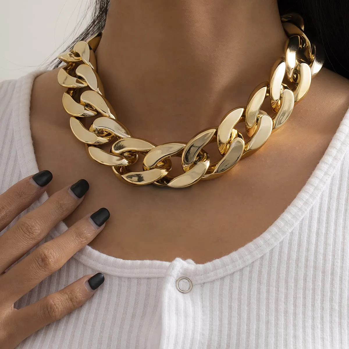 Punk Cuban Link Chain Choker Necklace Lightweight Chunky Necklace Oval Chain Link Necklace Hip Hop Jewelry for Women (Gold)