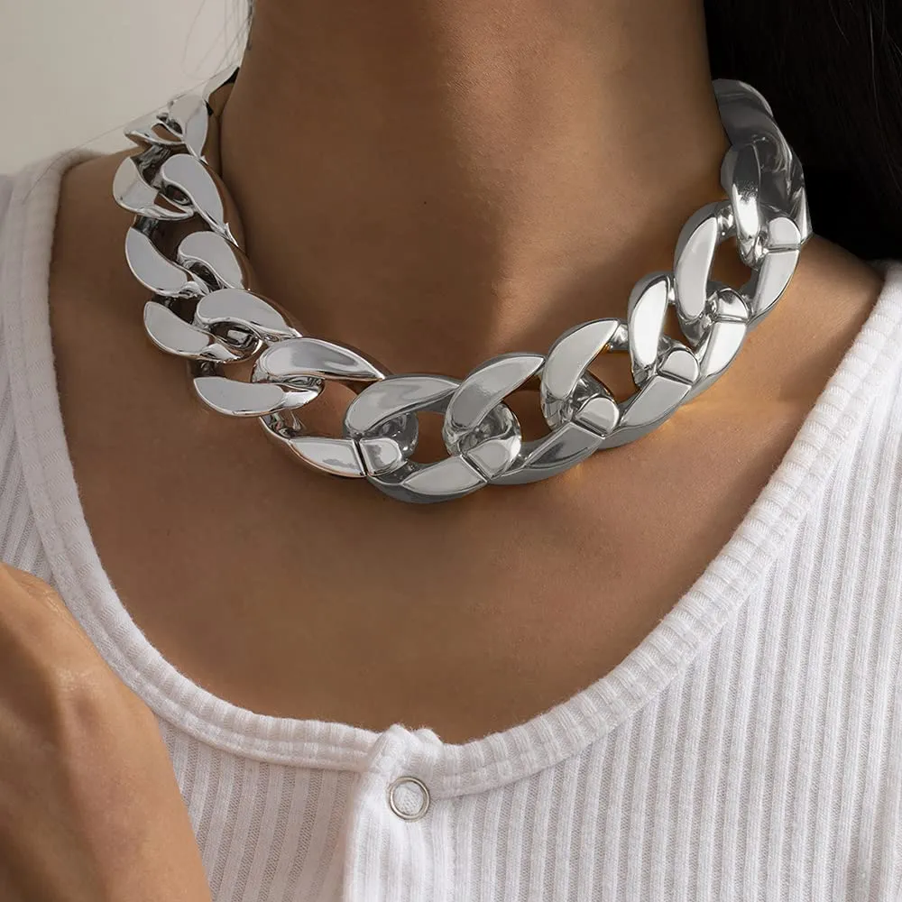 Punk Cuban Link Chain Choker Necklace Lightweight Chunky Necklace Oval Chain Link Necklace Hip Hop Jewelry for Women (Silver)