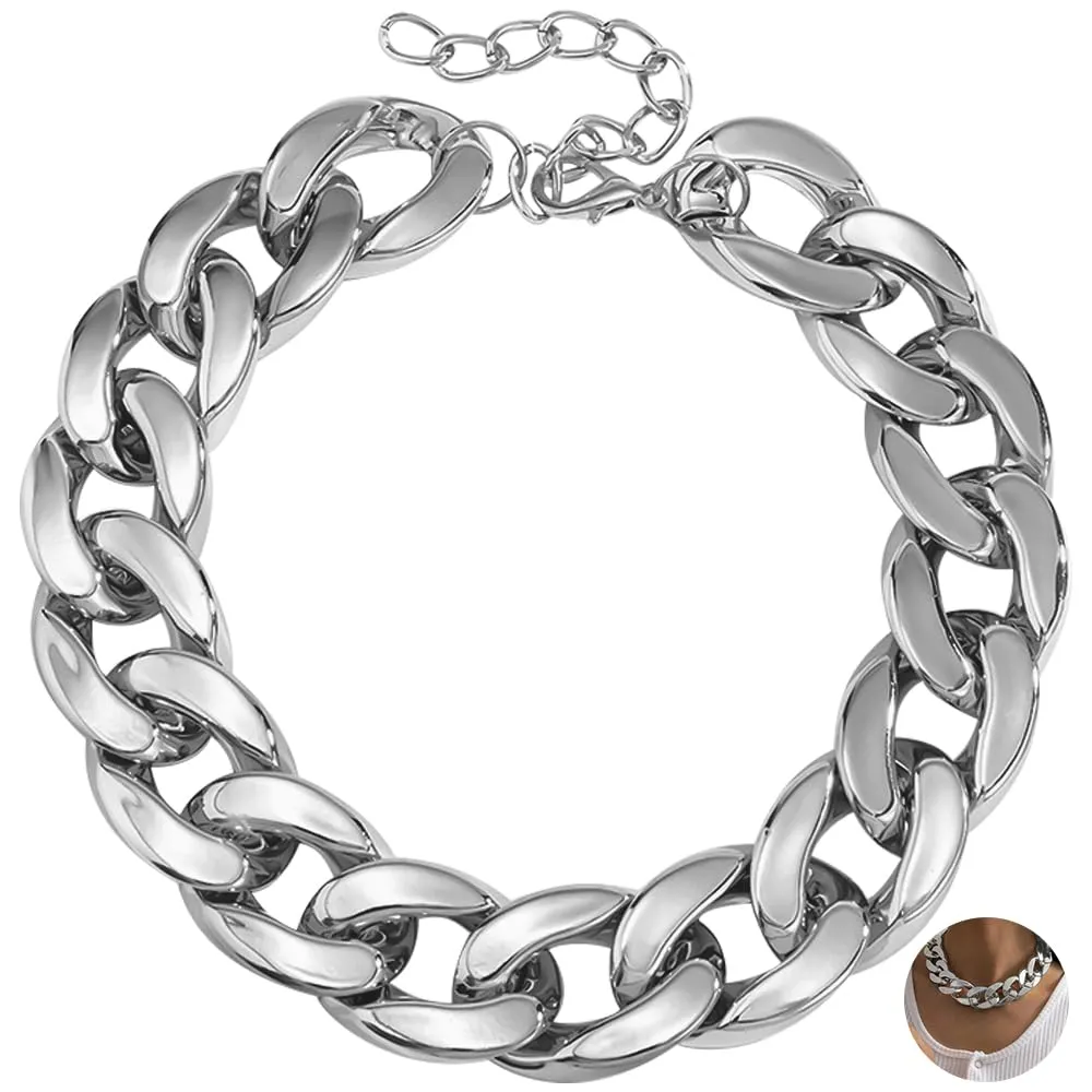 Punk Cuban Link Chain Choker Necklace Lightweight Chunky Necklace Oval Chain Link Necklace Hip Hop Jewelry for Women (Silver)