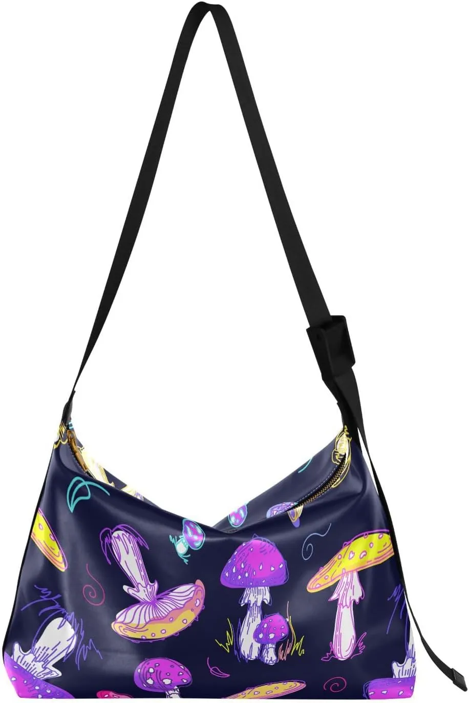 Purple Mushrooms Hobo Crossbody Bags for Women Leather Large Shoulder Bag Cross Body Fall Plants Trendy Womens Tote Bags Handbag for Travel Shopping