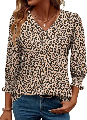 Rapbin 3/4 Length Sleeve Womens Tops Summer Trendy Puff-Sleeve V-Neck Blouses Dressy Casual Textured Smocked T-Shirt