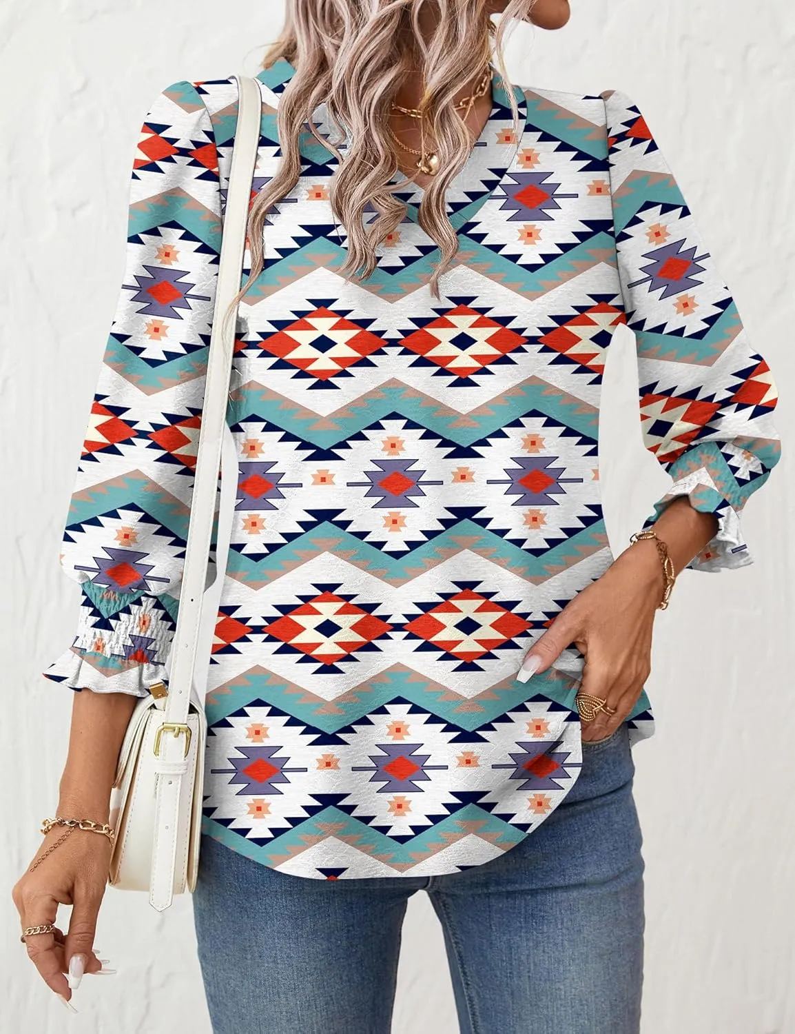 Rapbin 3/4 Length Sleeve Womens Tops Summer Trendy Puff-Sleeve V-Neck Blouses Dressy Casual Textured Smocked T-Shirt