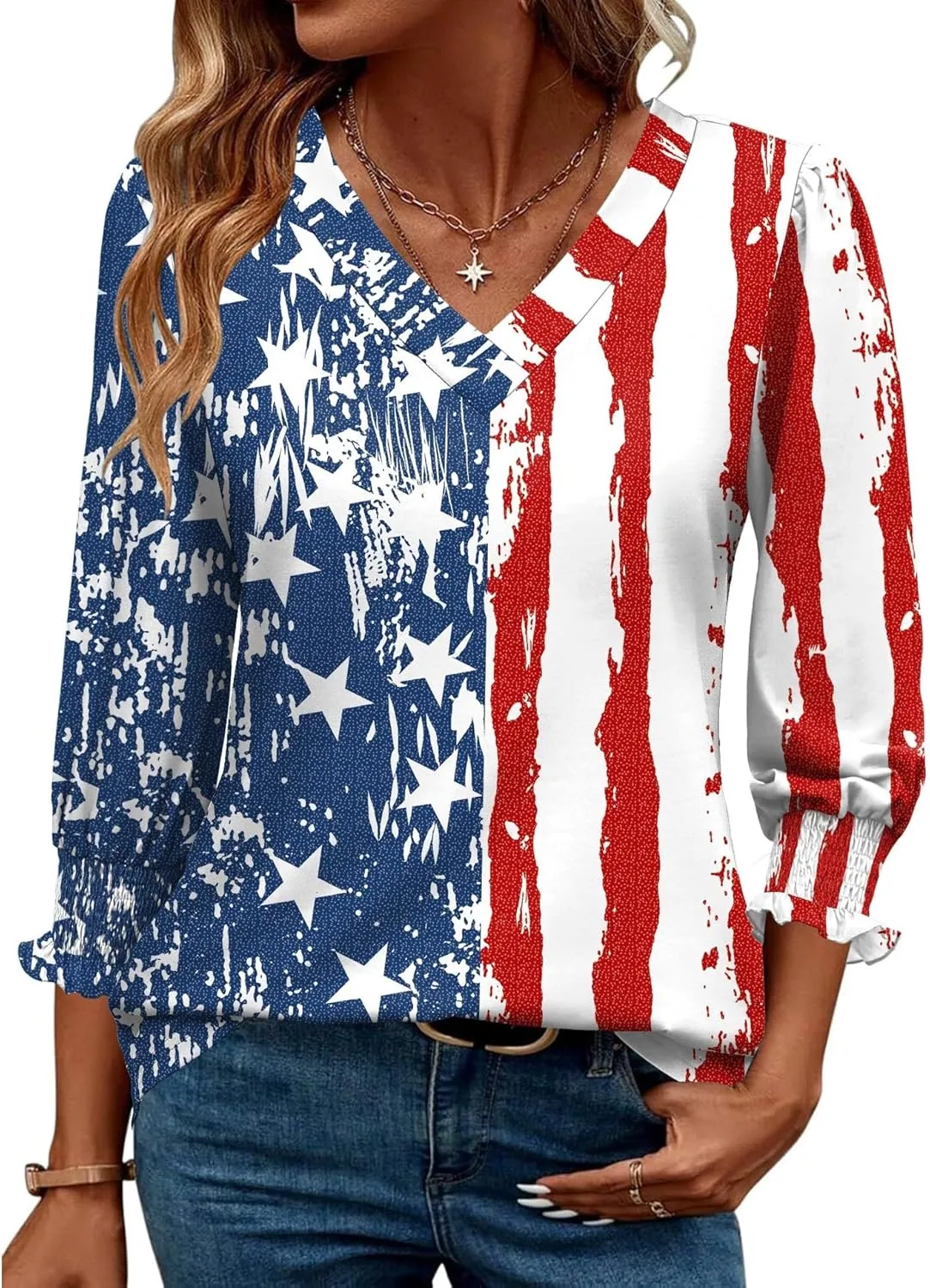 Rapbin 3/4 Length Sleeve Womens Tops Summer Trendy Puff-Sleeve V-Neck Blouses Dressy Casual Textured Smocked T-Shirt