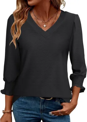 Rapbin 3/4 Length Sleeve Womens Tops Summer Trendy Puff-Sleeve V-Neck Blouses Dressy Casual Textured Smocked T-Shirt
