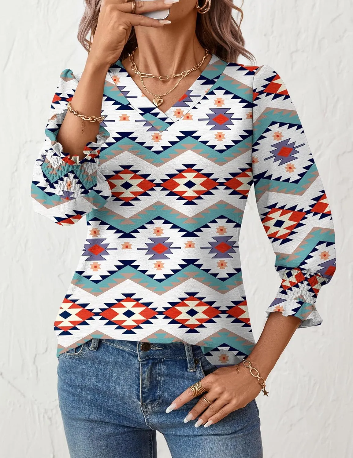 Rapbin 3/4 Length Sleeve Womens Tops Summer Trendy Puff-Sleeve V-Neck Blouses Dressy Casual Textured Smocked T-Shirt