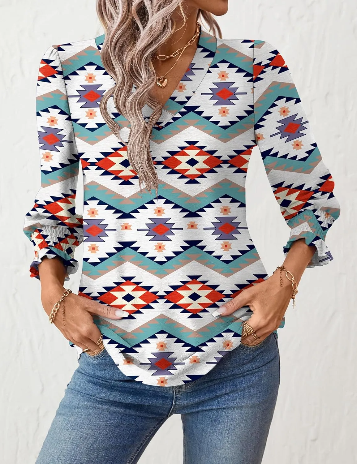 Rapbin 3/4 Length Sleeve Womens Tops Summer Trendy Puff-Sleeve V-Neck Blouses Dressy Casual Textured Smocked T-Shirt