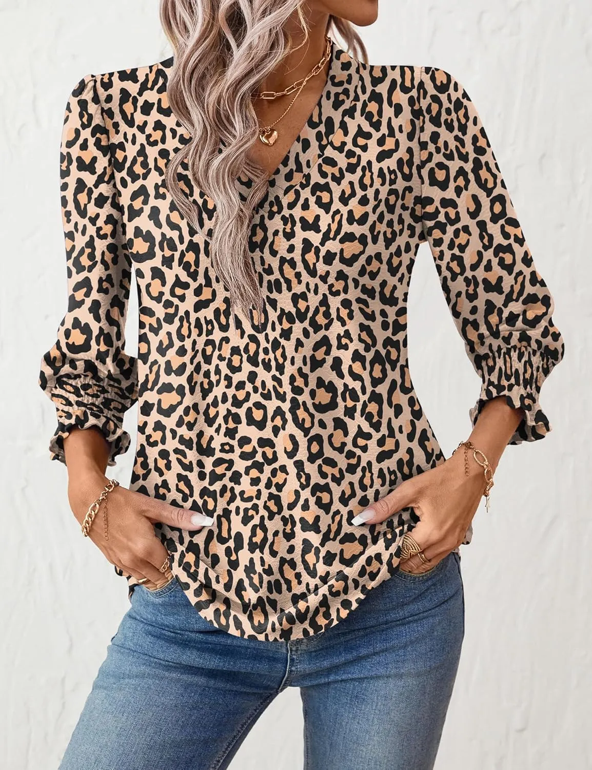 Rapbin 3/4 Length Sleeve Womens Tops Summer Trendy Puff-Sleeve V-Neck Blouses Dressy Casual Textured Smocked T-Shirt