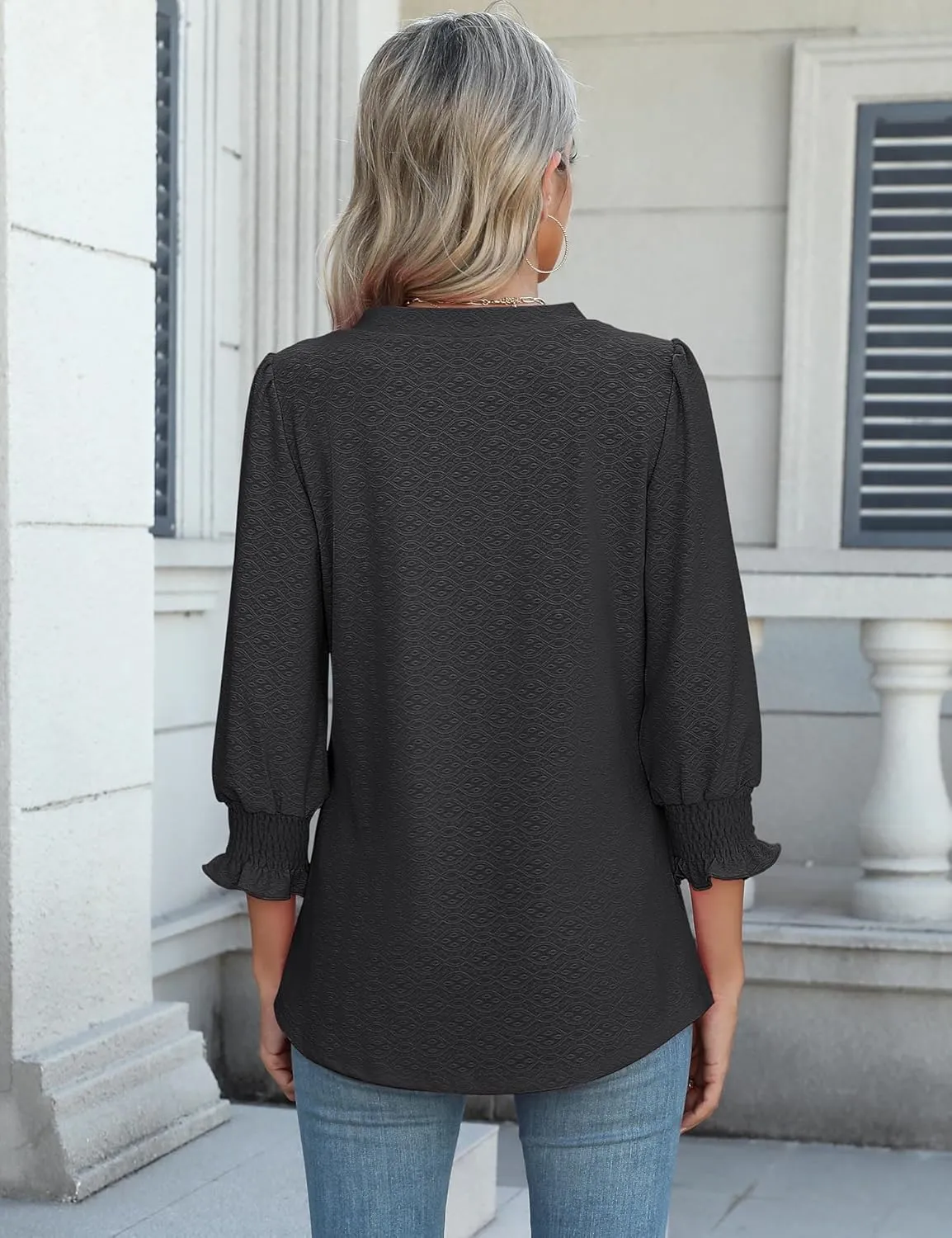 Rapbin 3/4 Length Sleeve Womens Tops Summer Trendy Puff-Sleeve V-Neck Blouses Dressy Casual Textured Smocked T-Shirt