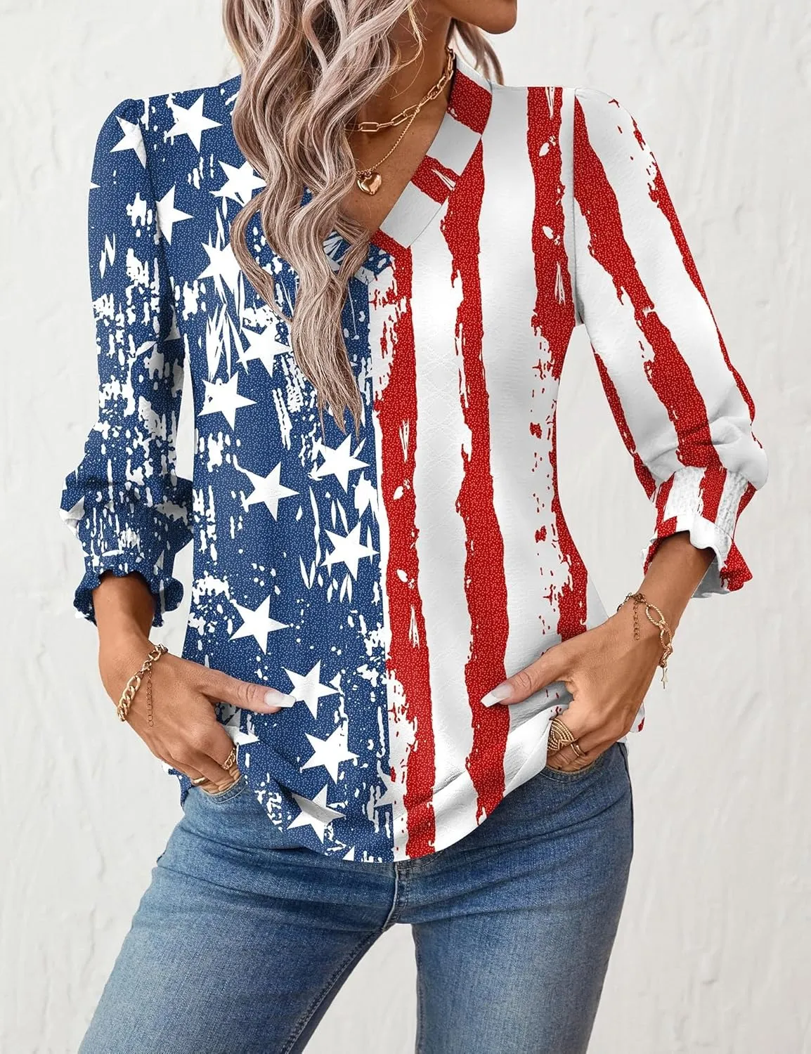 Rapbin 3/4 Length Sleeve Womens Tops Summer Trendy Puff-Sleeve V-Neck Blouses Dressy Casual Textured Smocked T-Shirt