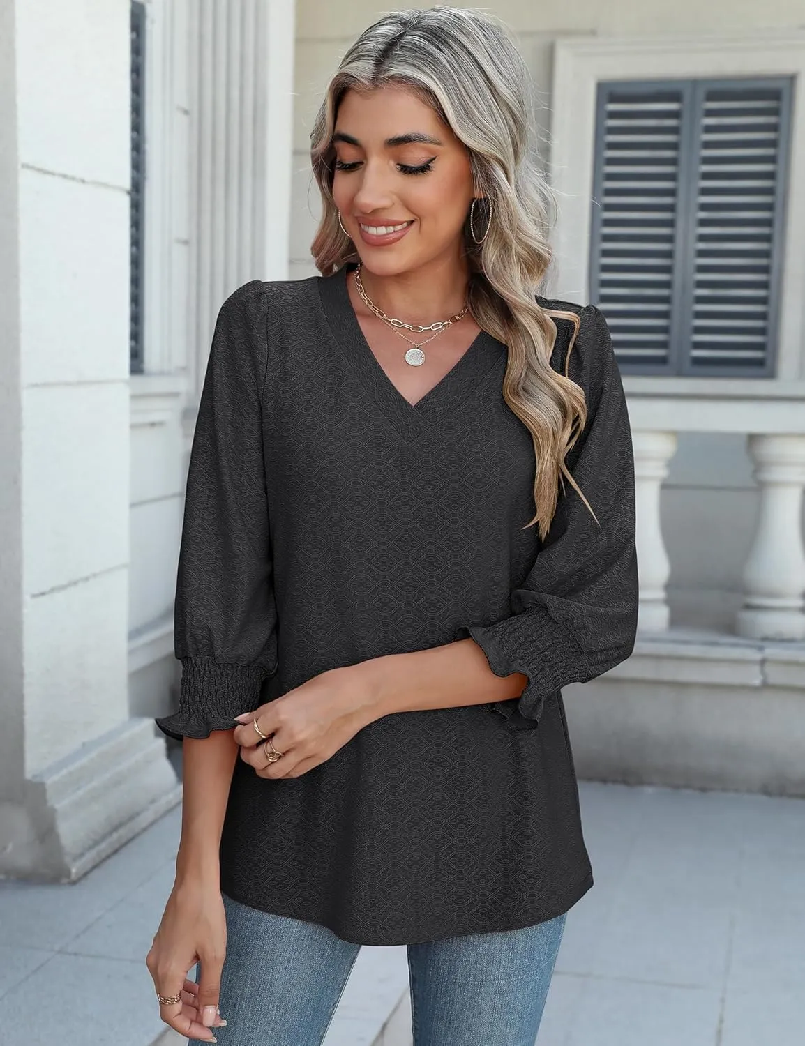 Rapbin 3/4 Length Sleeve Womens Tops Summer Trendy Puff-Sleeve V-Neck Blouses Dressy Casual Textured Smocked T-Shirt