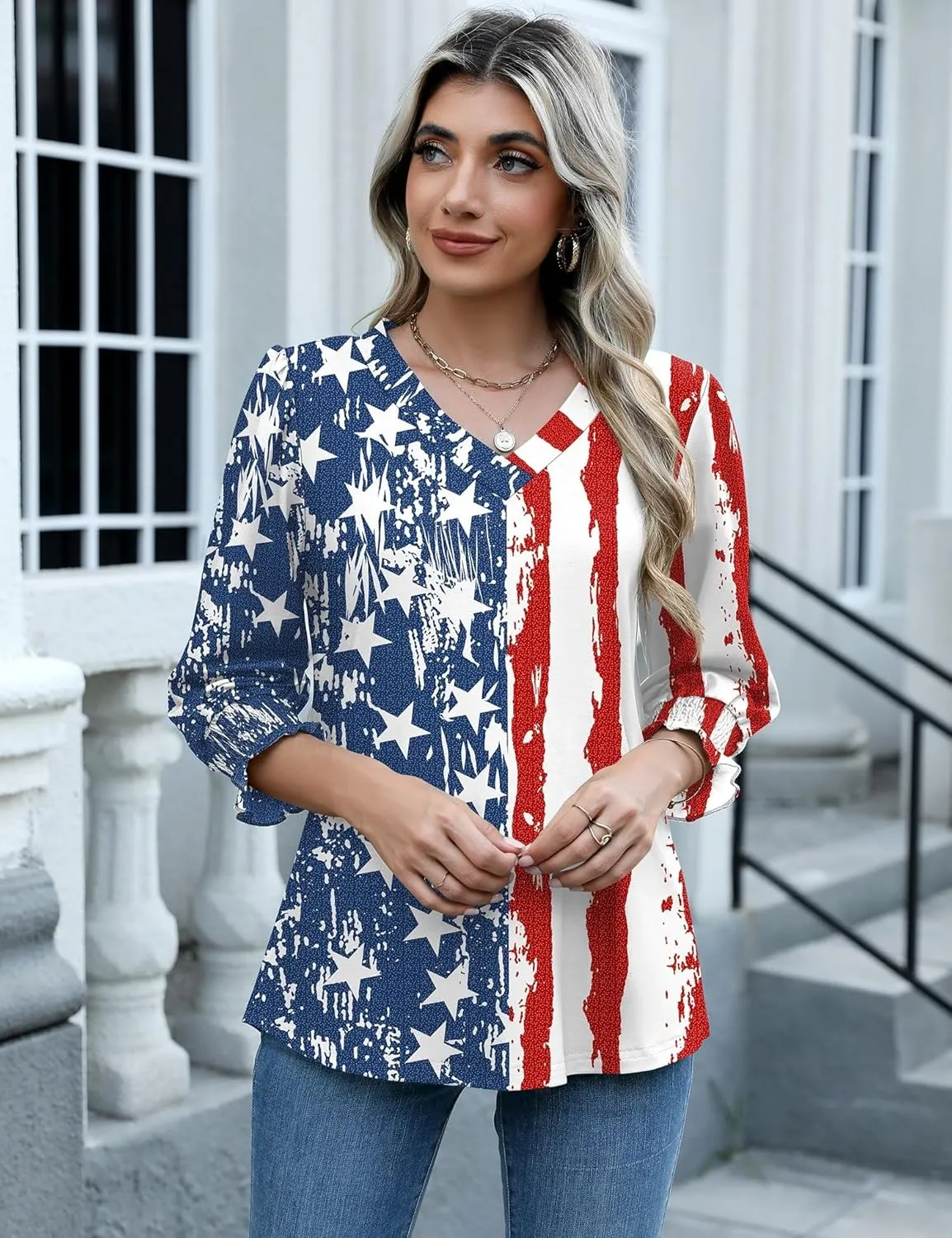 Rapbin 3/4 Length Sleeve Womens Tops Summer Trendy Puff-Sleeve V-Neck Blouses Dressy Casual Textured Smocked T-Shirt