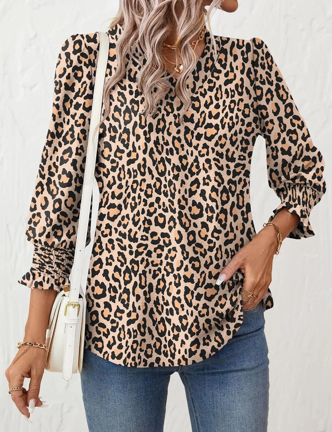Rapbin 3/4 Length Sleeve Womens Tops Summer Trendy Puff-Sleeve V-Neck Blouses Dressy Casual Textured Smocked T-Shirt
