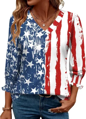 Rapbin 3/4 Length Sleeve Womens Tops Summer Trendy Puff-Sleeve V-Neck Blouses Dressy Casual Textured Smocked T-Shirt