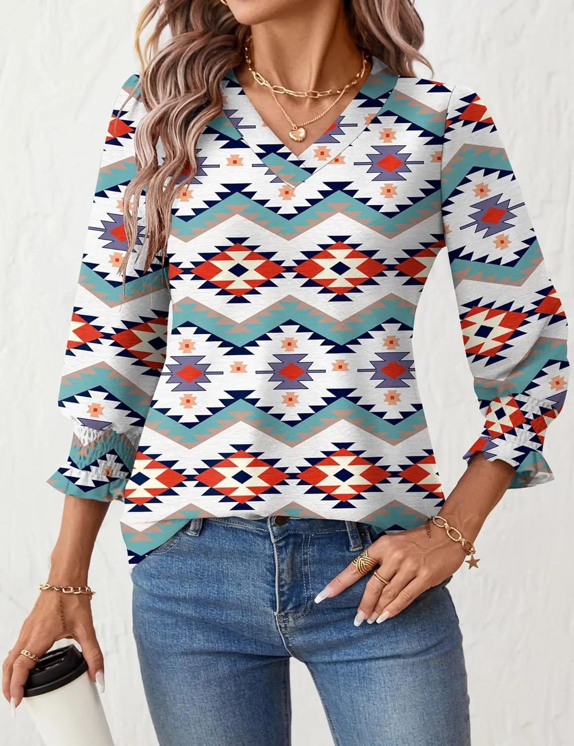Rapbin 3/4 Length Sleeve Womens Tops Summer Trendy Puff-Sleeve V-Neck Blouses Dressy Casual Textured Smocked T-Shirt