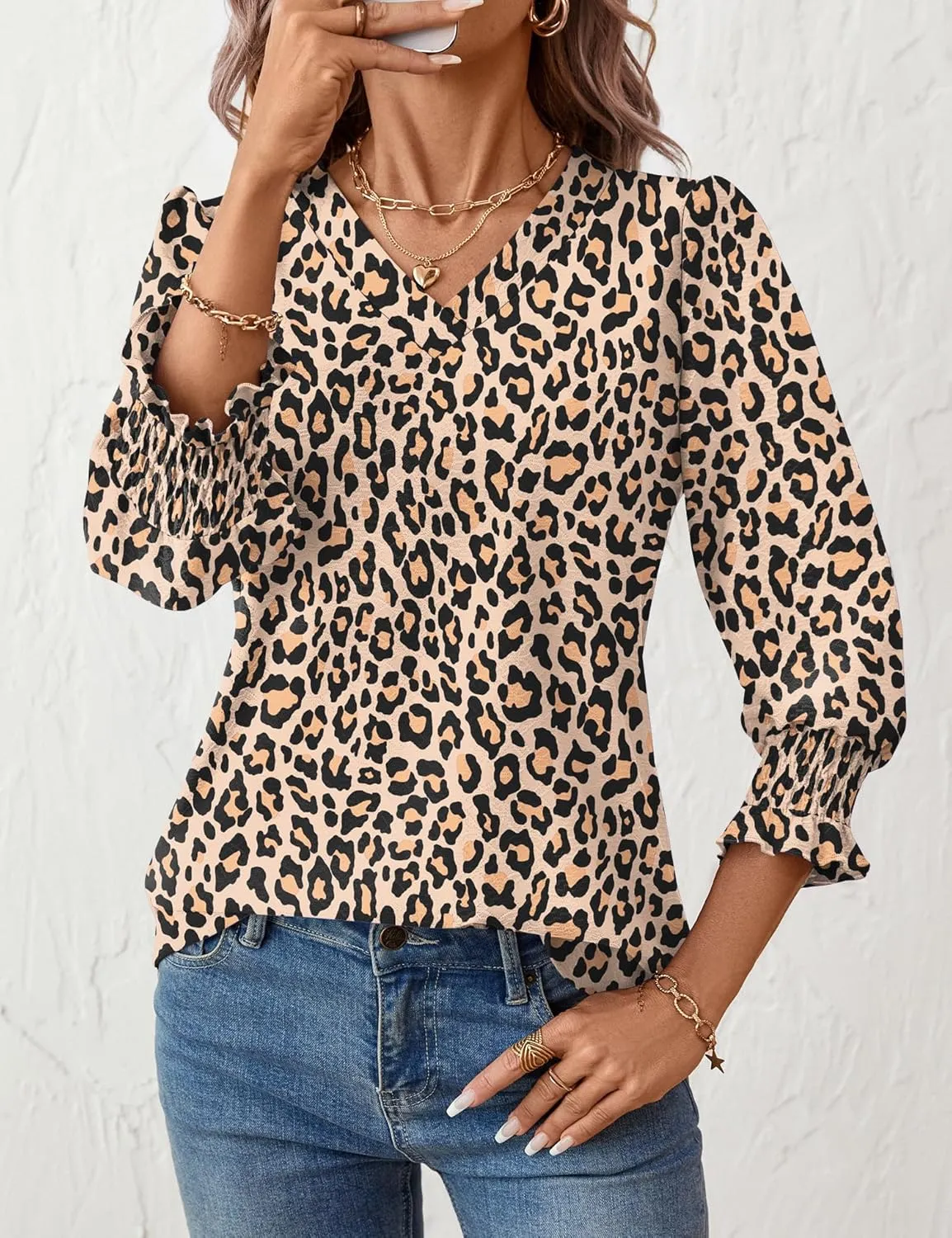 Rapbin 3/4 Length Sleeve Womens Tops Summer Trendy Puff-Sleeve V-Neck Blouses Dressy Casual Textured Smocked T-Shirt