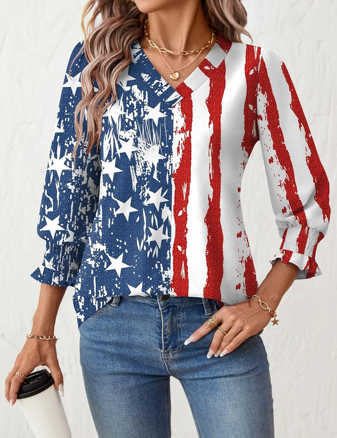 Rapbin 3/4 Length Sleeve Womens Tops Summer Trendy Puff-Sleeve V-Neck Blouses Dressy Casual Textured Smocked T-Shirt