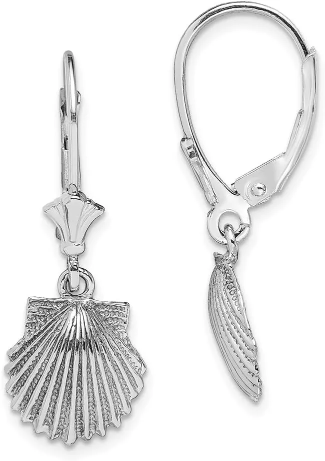 Real 14K White Gold Scallop Shell Leverback Dangle Earrings - 11mm x 10mm